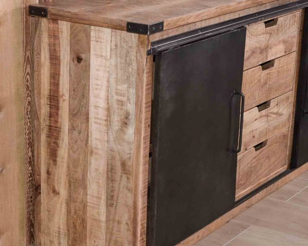 Aparador industrial con puertas correderas y cajones de madera, 180 cm, «Caractère»