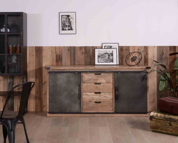 Aparador industrial con puertas correderas y cajones de madera, 180 cm, «Caractère»