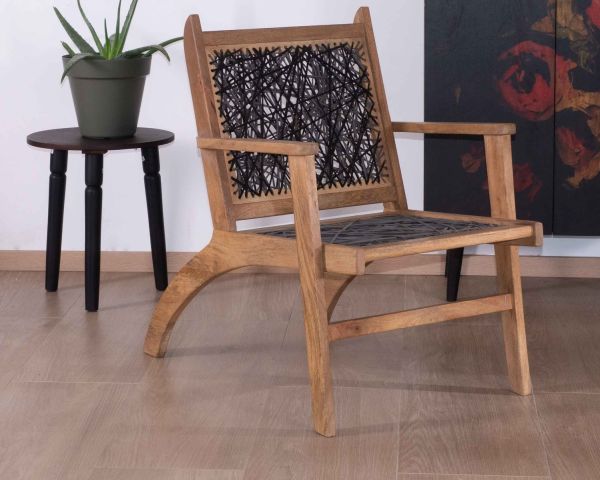 Sillón étnico bajo de madera de haya y cuerdas «Pop Vintage»