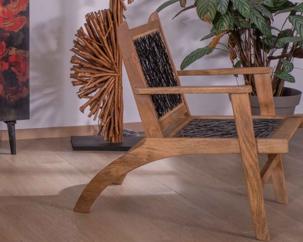 Sillón étnico bajo de madera de haya y cuerdas «Pop Vintage»