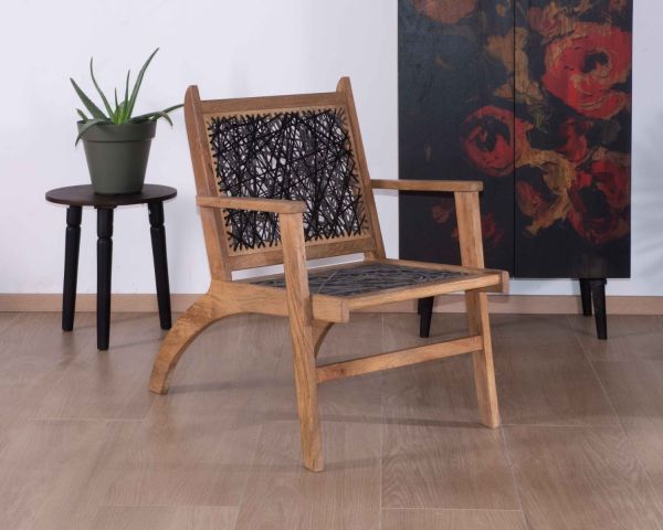 Sillón étnico bajo de madera de haya y cuerdas «Pop Vintage»
