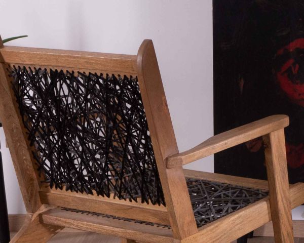 Sillón étnico bajo de madera de haya y cuerdas «Pop Vintage»