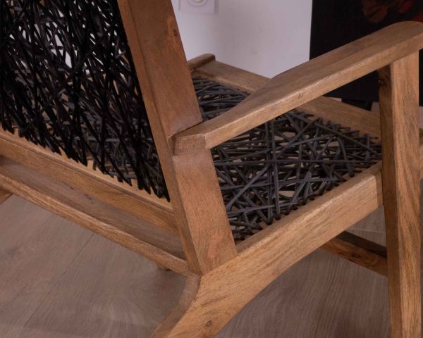 Sillón étnico bajo de madera de haya y cuerdas «Pop Vintage»