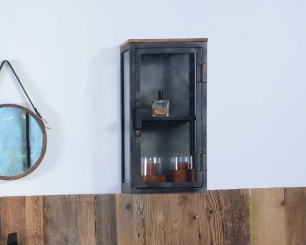 Pequeña vitrina de pared de estilo industrial, de metal, madera maciza y cristal «Black Cook»