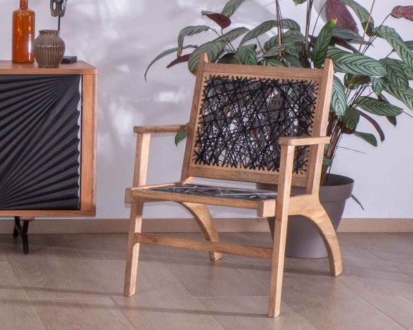 Sillón étnico bajo de madera de haya y cuerdas «Pop Vintage»