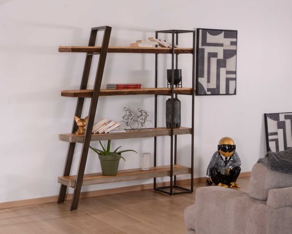 Librería de diseño contemporáneo «Mezzo», de madera, metal y acabado de cemento