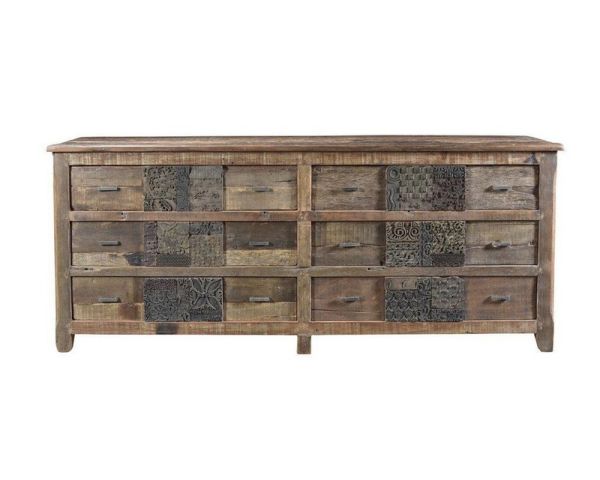 Cómoda baja de estilo boticario de 195 cm «nepalí», de madera reciclada, con 6 cajones