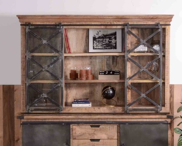 Gran aparador de metal, cristal y madera «Caractère» de 180 cm