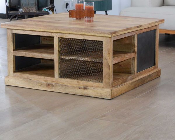 Mesa de centro cuadrada con espacio de almacenamiento, de metal y madera, «Caractère»