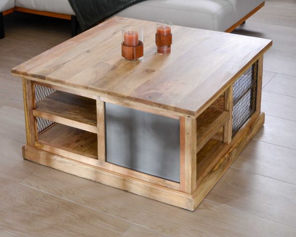 Mesa de centro cuadrada con espacio de almacenamiento, de metal y madera, «Caractère»