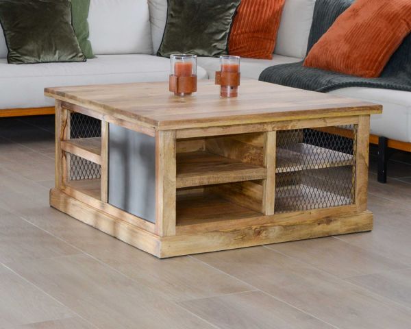 Mesa de centro cuadrada con espacio de almacenamiento, de metal y madera, «Caractère»