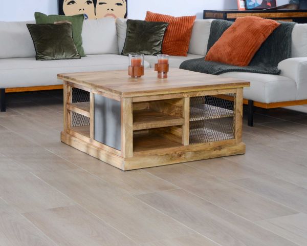 Mesa de centro cuadrada con espacio de almacenamiento, de metal y madera, «Caractère»