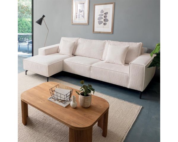 Sofá esquinero de terciopelo acanalado con chaise longue «Pueblo», con orientación y colores a elegir