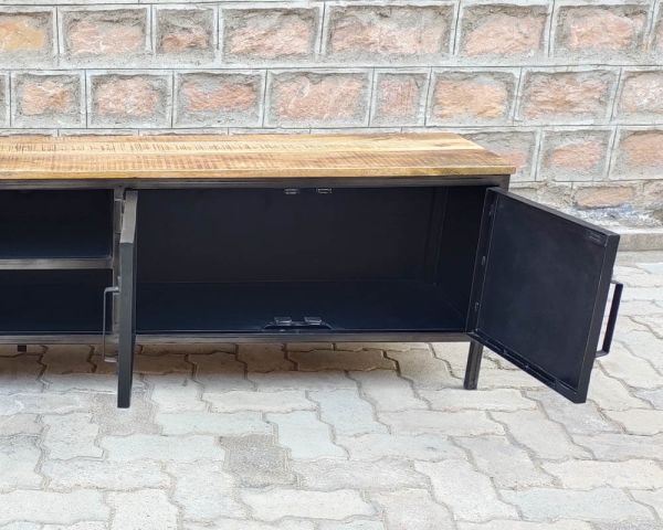 Mueble para la tele negro de metal y madera «Dowtoun», estilo taller, 220 cm