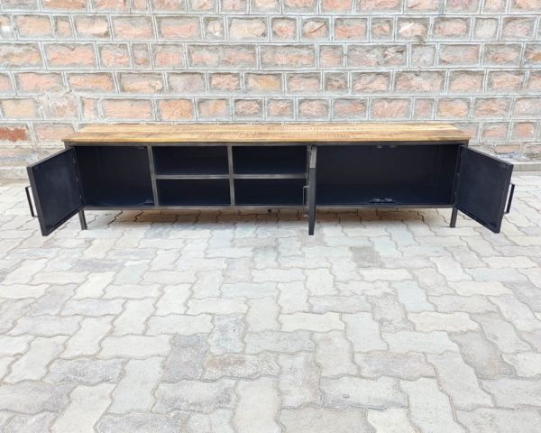 Mueble para la tele negro de metal y madera «Dowtoun», estilo taller, 220 cm