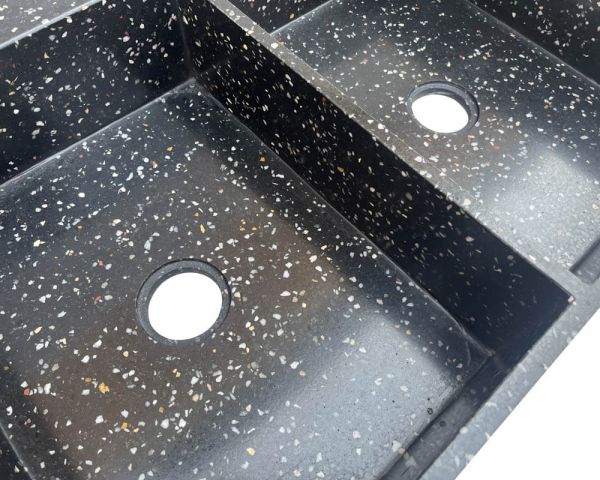 Fregadero grande de terrazo negro para encastrar, con dos cubetas