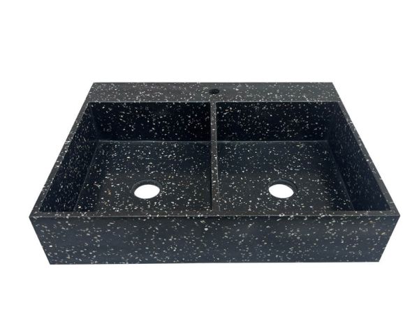 Fregadero grande de terrazo negro para encastrar, con dos cubetas