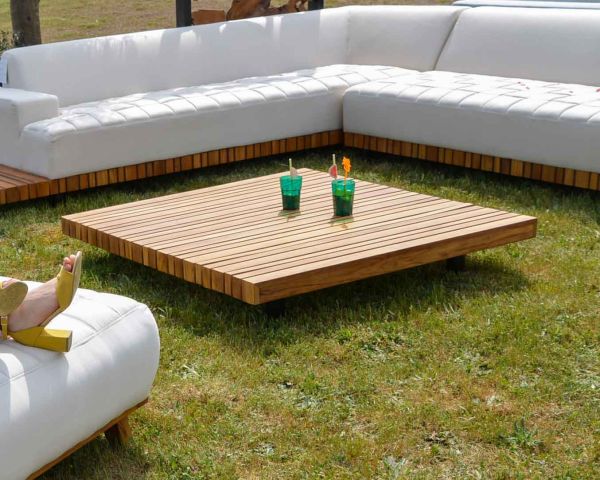 Mesa de centro cuadrada de teca maciza y aluminio, 120 x 120 cm, «Lombok»