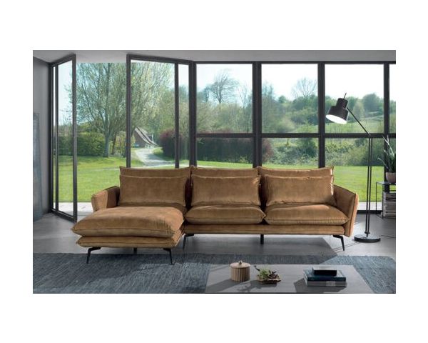 Sofá con respaldo a la izquierda, estilo vintage «Eden», en tejido ocre con efecto terciopelo liso