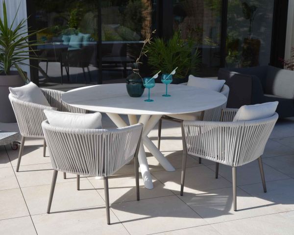 Lote de 2 sillas de jardín de diseño, de tela y aluminio color champán, modelo «Cheverny»