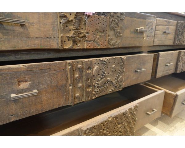 Cómoda baja de estilo boticario de 195 cm «nepalí», de madera reciclada, con 6 cajones