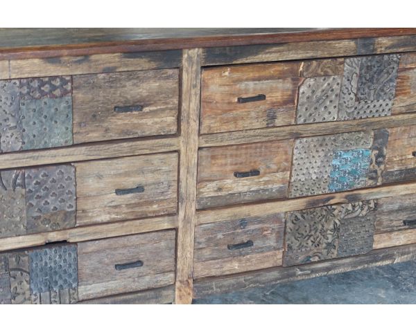 Cómoda baja de estilo boticario de 195 cm «nepalí», de madera reciclada, con 6 cajones