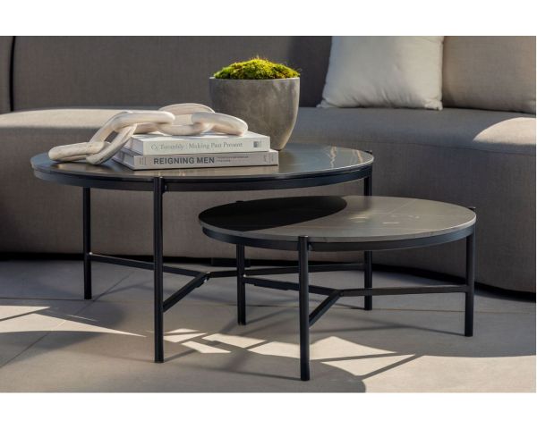 Mesa de centro redonda de aluminio con tablero de cerámica negro «Lazy Beach», de 62 cm de diámetro