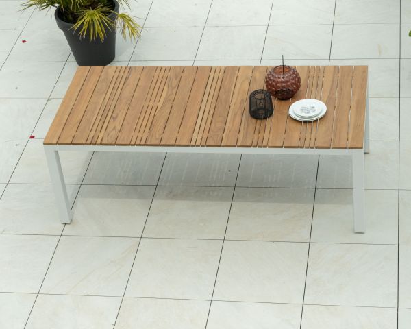 Mesa grande de comedor para exterior de aluminio blanco y teca «Dolce Vita», 220 cm