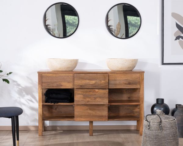 Mueble bajo lavabo de madera de mango oscuro de 120 cm con compartimentos y cajones «Kahiko»