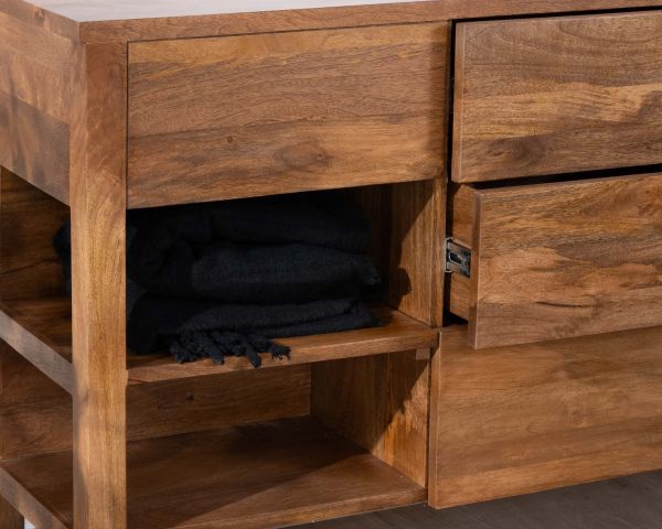 Mueble bajo lavabo de madera de mango oscuro de 120 cm con compartimentos y cajones «Kahiko»