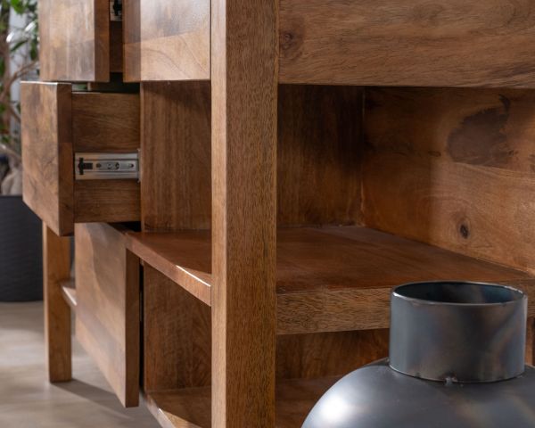 Mueble bajo lavabo de madera de mango oscuro de 120 cm con compartimentos y cajones «Kahiko»
