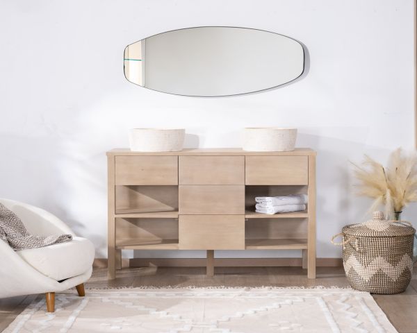 Mueble de baño doble de madera de mango blanqueada de 140 cm con nichos y cajones «Kahiko»