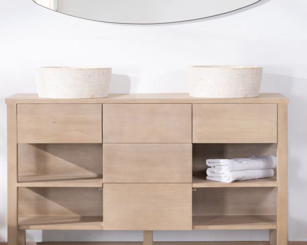 Mueble de baño doble de madera de mango blanqueada de 140 cm con nichos y cajones «Kahiko»