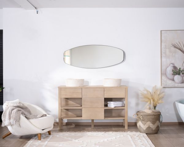 Mueble de baño doble de madera de mango blanqueada de 140 cm con nichos y cajones «Kahiko»