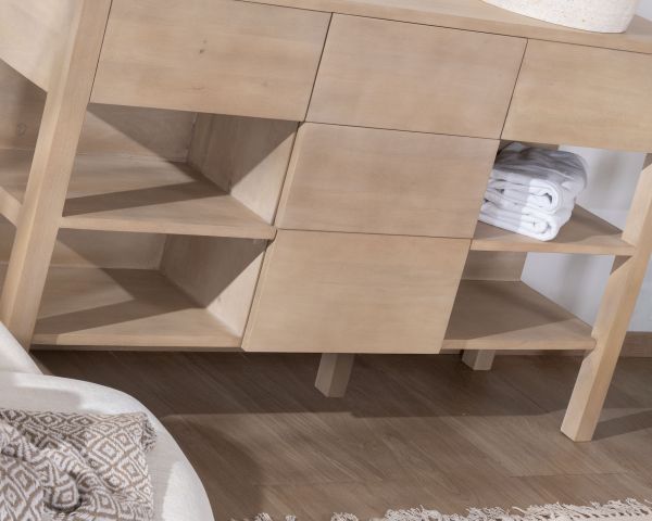 Mueble de baño doble de madera de mango blanqueada de 140 cm con nichos y cajones «Kahiko»