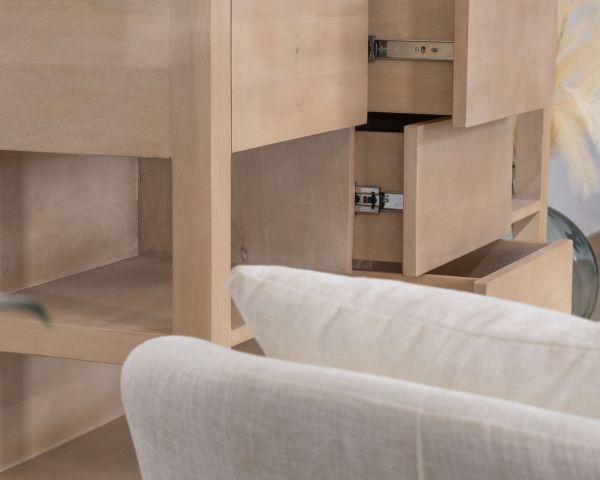 Mueble de baño doble de madera de mango blanqueada de 140 cm con nichos y cajones «Kahiko»