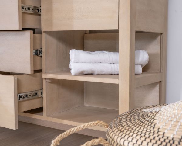 Mueble de baño doble de madera de mango blanqueada de 140 cm con nichos y cajones «Kahiko»
