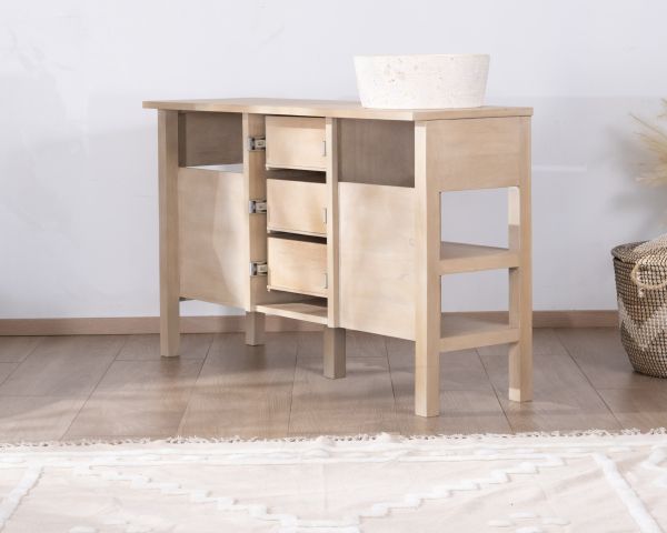 Mueble de baño doble de madera de mango blanqueada de 140 cm con nichos y cajones «Kahiko»