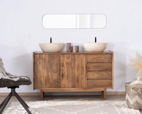 Mueble bajo lavabo de 140 cm en madera de mango oscuro con puertas y cajones «Kahiko»
