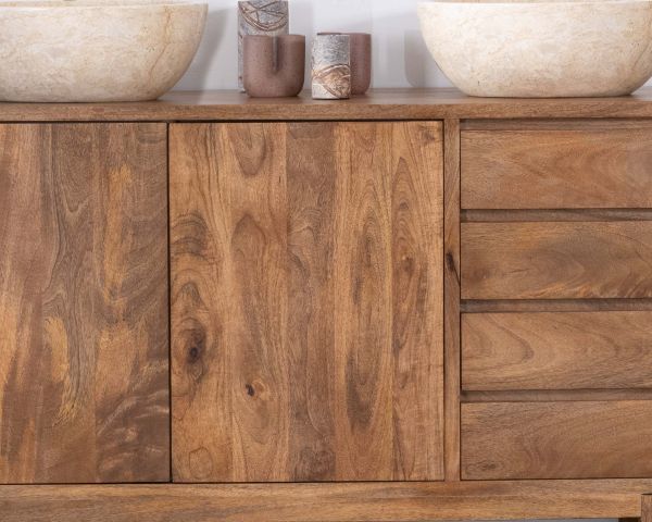 Mueble bajo lavabo de 140 cm en madera de mango oscuro con puertas y cajones «Kahiko»