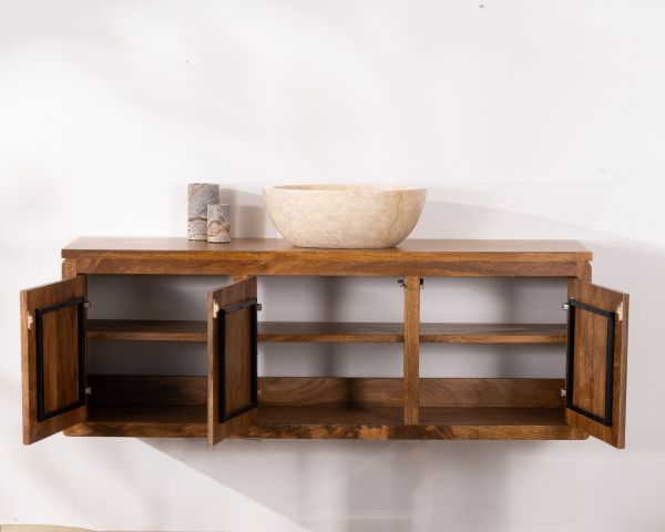 Mueble bajo lavabo suspendido de 140 cm en madera de mango oscuro «Nani» con frentes de doble textura