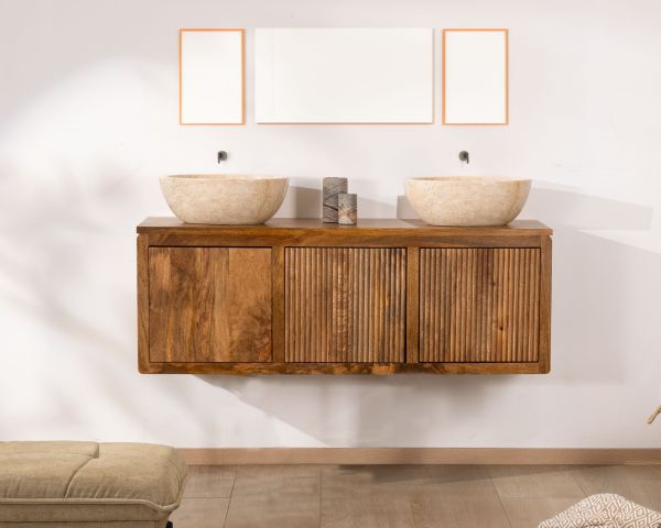 Mueble bajo lavabo suspendido de 140 cm en madera de mango oscuro «Nani» con frentes de doble textura