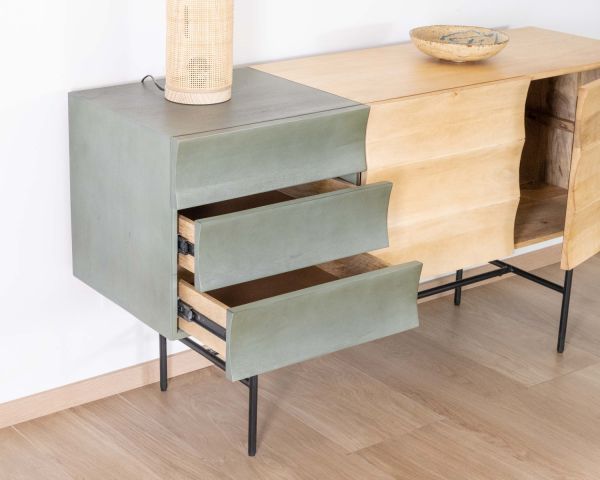 Aparador «Elegancy» de estilo japandi, de dos tonos, en madera y metal, con tres puertas, de 150 cm