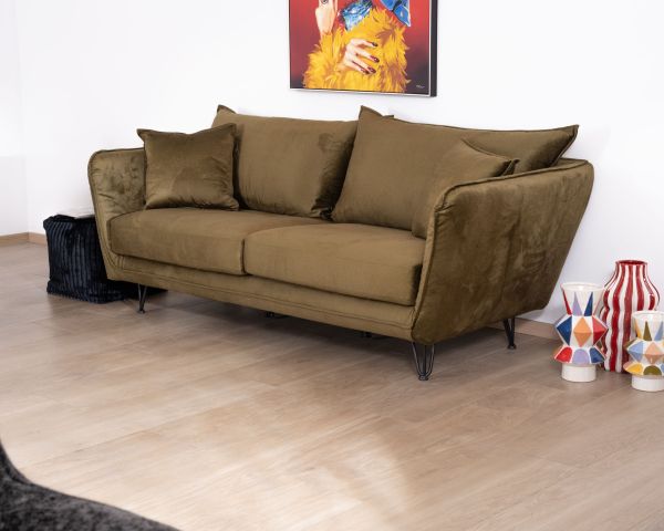 Sofá de 3 plazas ultracómodo, con tejido suave de color caqui y patas de metal «Hasting»