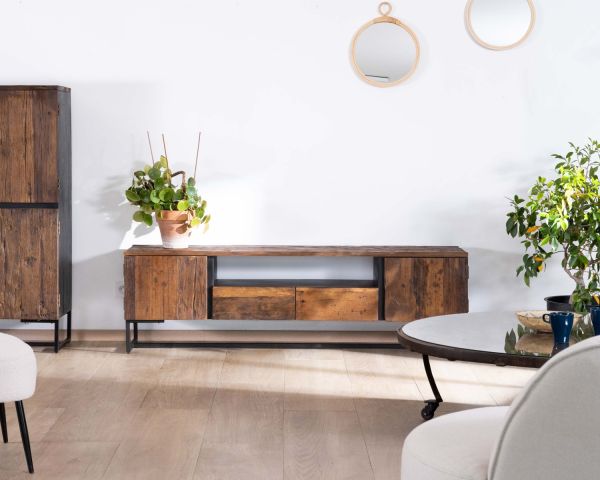 Mueble para la tele de estilo industrial de 175 cm, de acacia y metal negro «Cachou Chic»