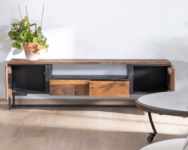 Mueble para la tele de estilo industrial de 175 cm, de acacia y metal negro «Cachou Chic»