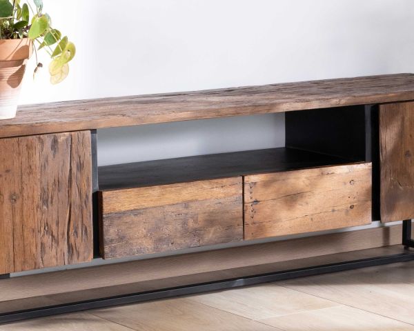 Mueble para la tele de estilo industrial de 175 cm, de acacia y metal negro «Cachou Chic»