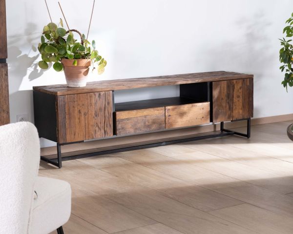 Mueble para la tele de estilo industrial de 175 cm, de acacia y metal negro «Cachou Chic»