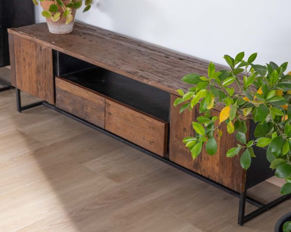 Mueble para la tele de estilo industrial de 175 cm, de acacia y metal negro «Cachou Chic»