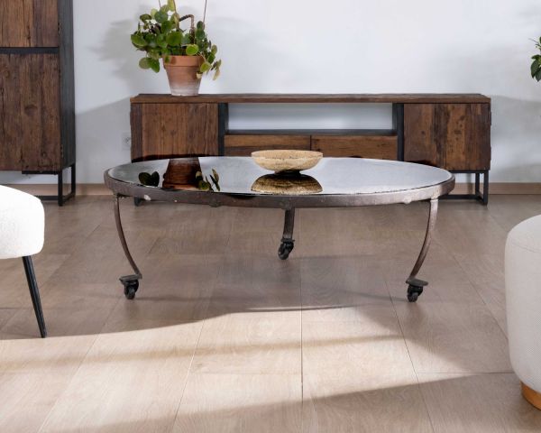 Mueble para la tele de estilo industrial de 175 cm, de acacia y metal negro «Cachou Chic»